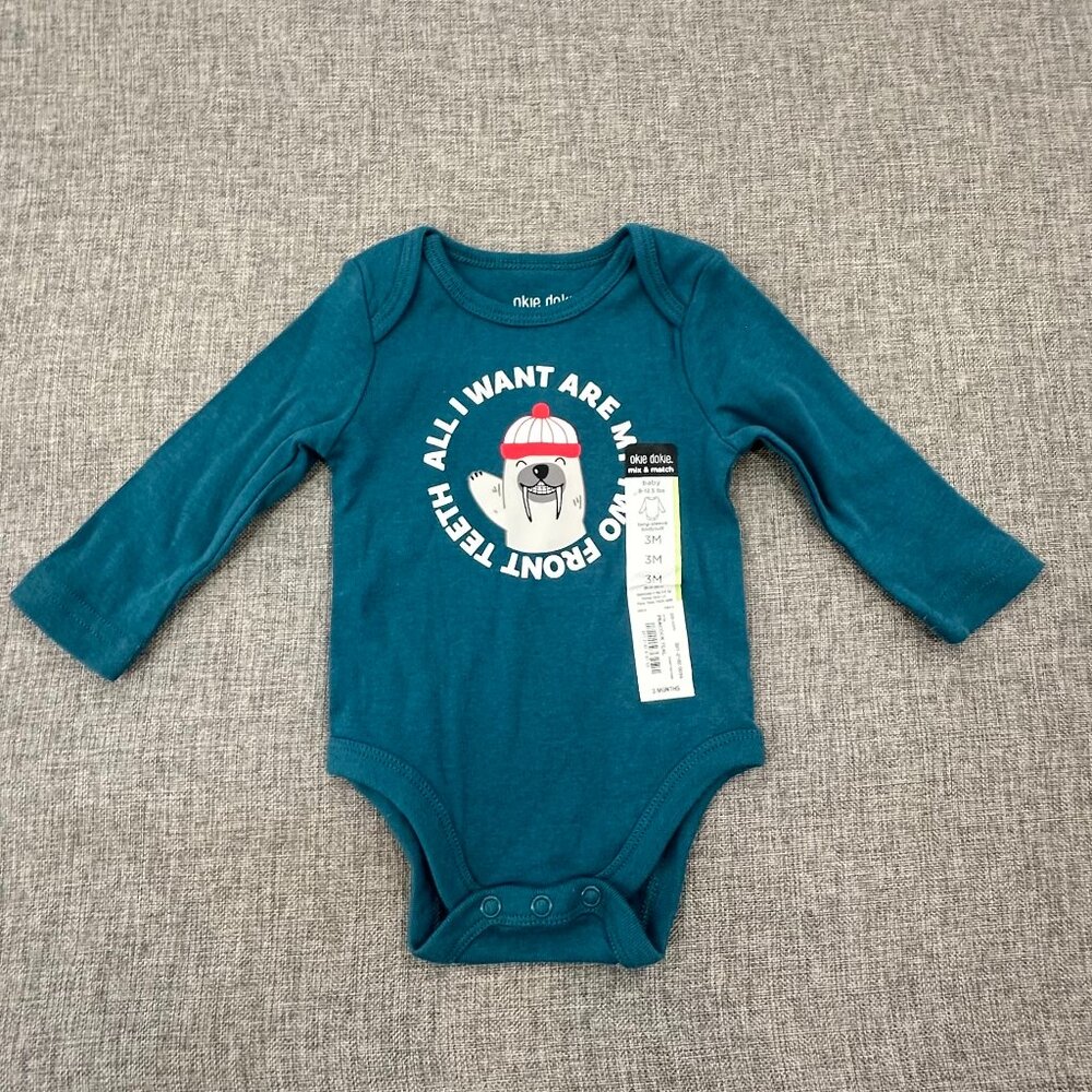 NEW! Baby Boy Okie Dokie Bodysuit 3 Mths Teal Cotton "All I Want For Are My Two‎
